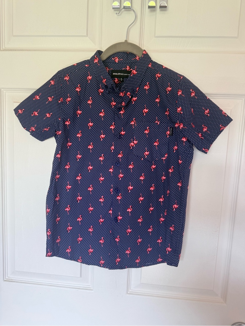 Molokai Surf Co. Beach Boy’s Navy Short-Sleeve Flamingo Print Shirt Size 8